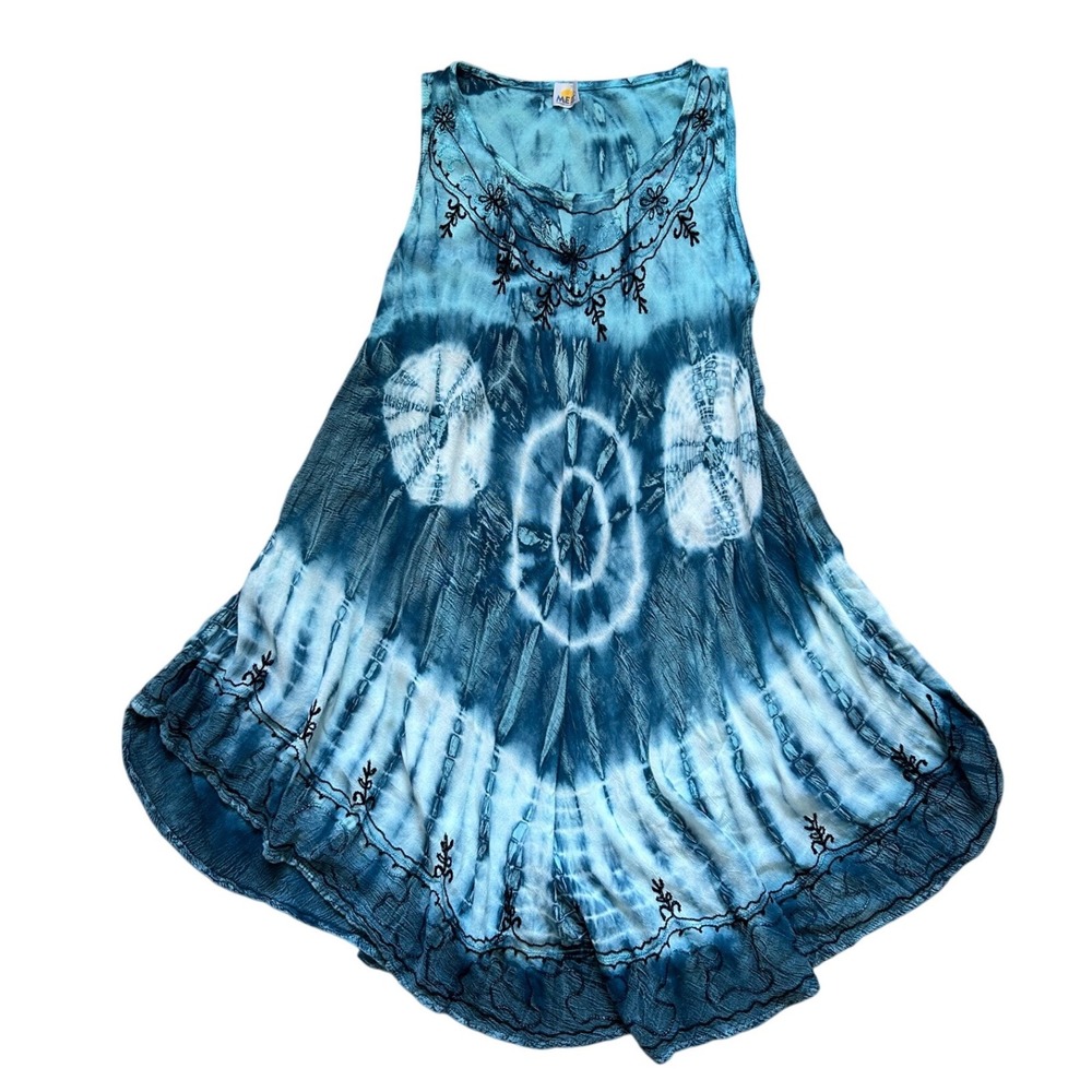 Blue Tie Dye Embroidered Boho Festival Handkerchief Hem Dress Medium rayon hippy